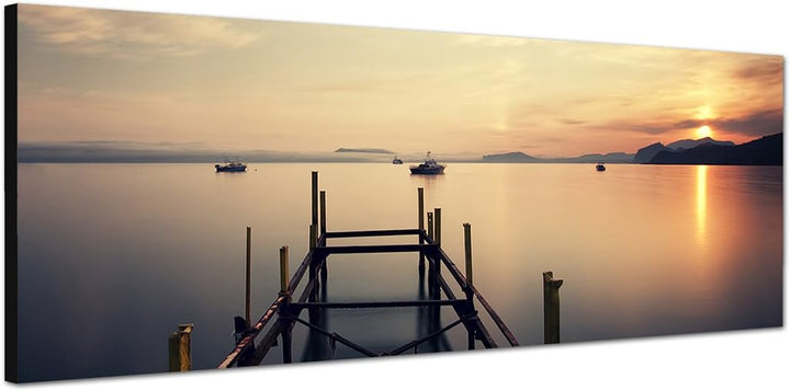 Paul Sinus Art Panoramabild auf Leinwand und Keilrahmen 150x50cm Meer Steg Holz Wolkenhimmel Sonne