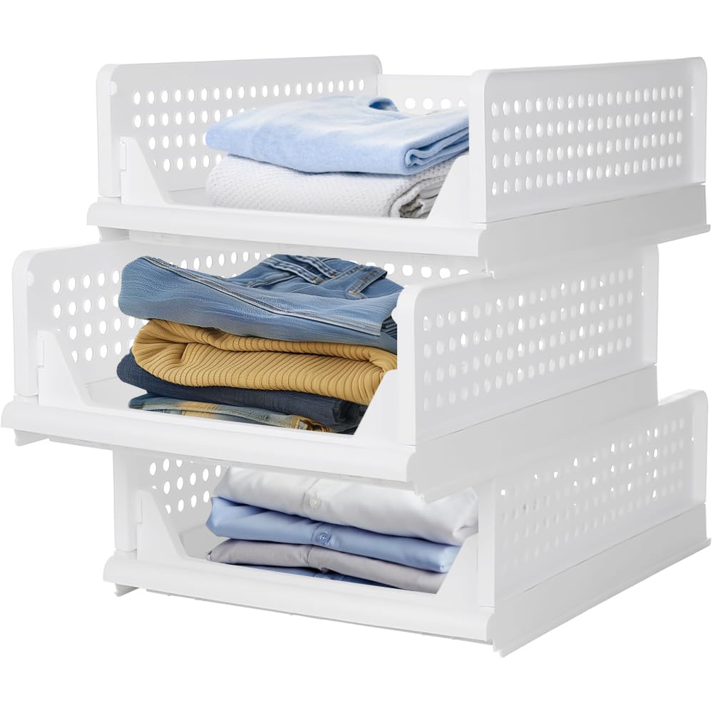 Homewell 3er Set Stapelbar Kunststoff Schubladenbox, Faltbar Lagerkisten Schublade Aufbewahrungsboxe