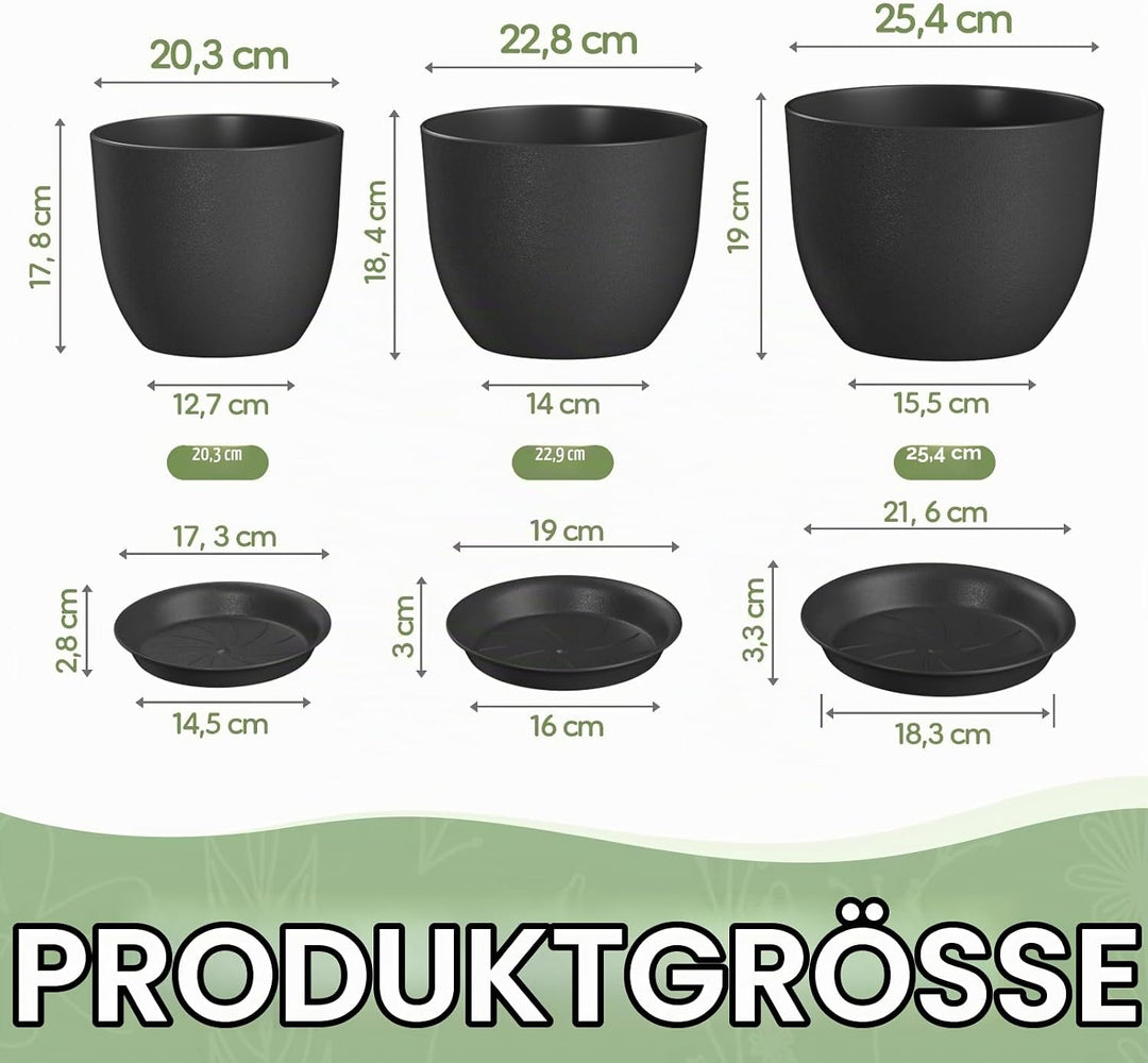FIASON 25/23/20 cm Schwarz Blumentopf, Kunststoff-kräutertopf mit Drainagelöchern und Untertassen, E