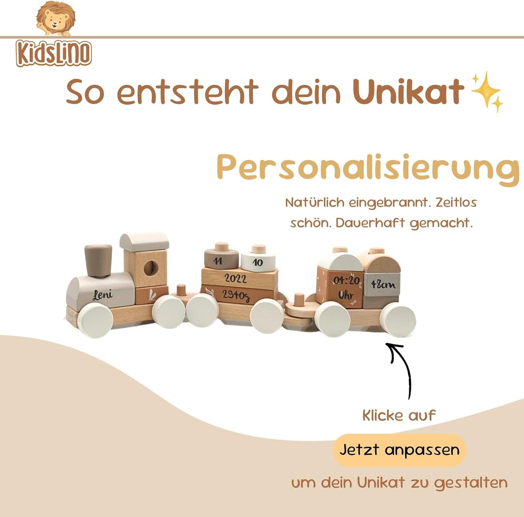 Personalisierte Holzeisenbahn Nougat – Personalisierte Geschenke Baby I Steckspielzeug I Geschenk zu