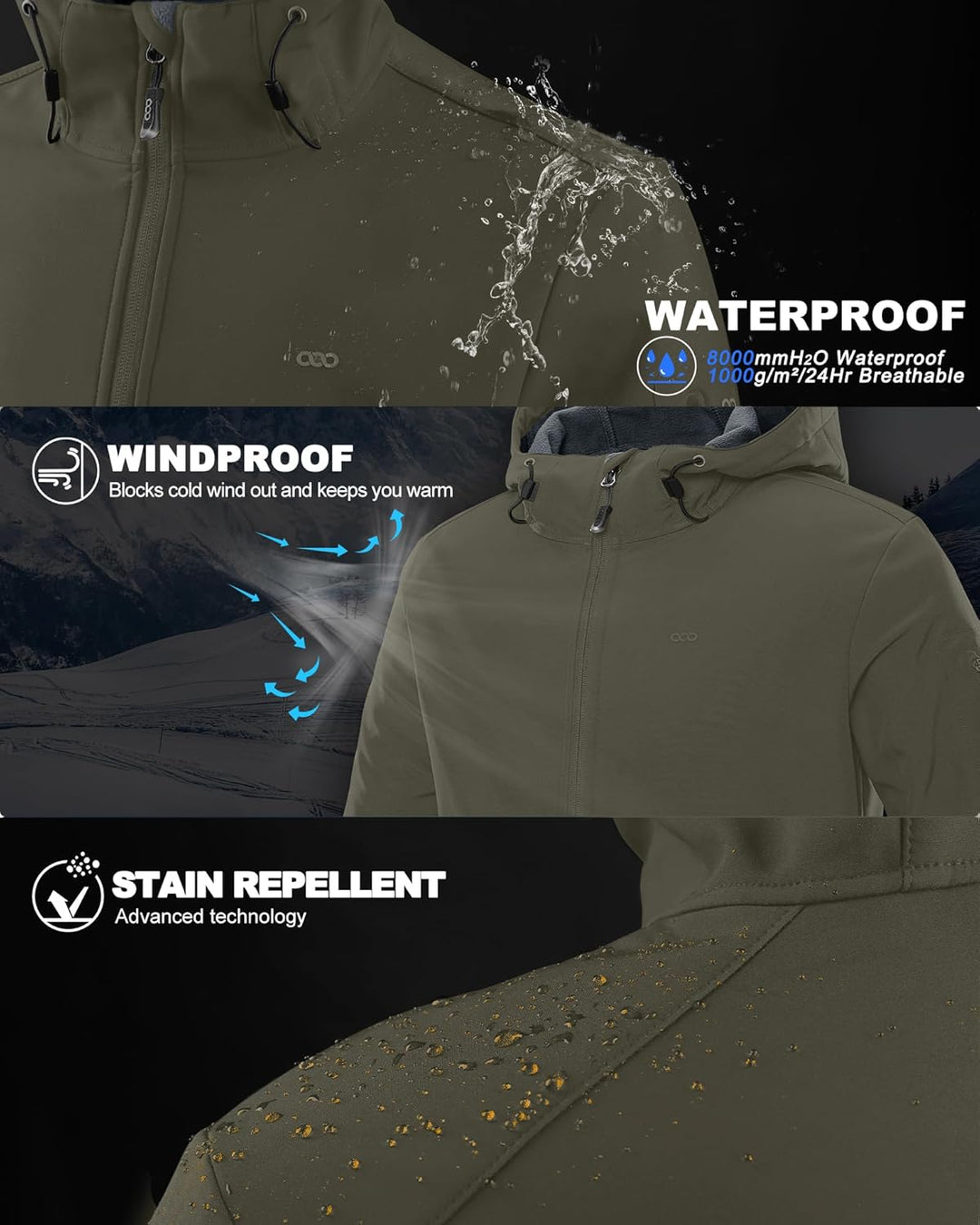 33,000ft Jacke Herren Wasserdichte Atmungsaktiv Softshelljacke - Übergangsjacke Winddichte Regenjack