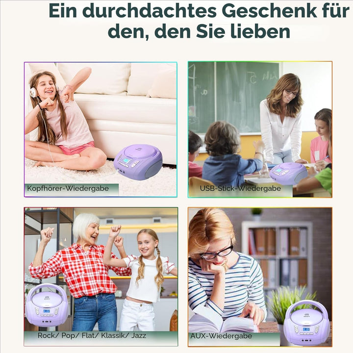 Tragbarer CD-Player für Kinder - Radio-CD-Boombox mit Bluetooth, FM-Radio, USB-Eingang & AUX-Anschlu