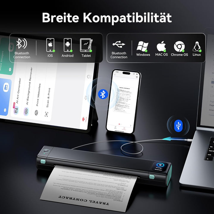 Phomemo M08D Touchscreen Mobiler Drucker, Bluetooth Thermodrucker A4, Rechnungen, Reisedrucker, Mini