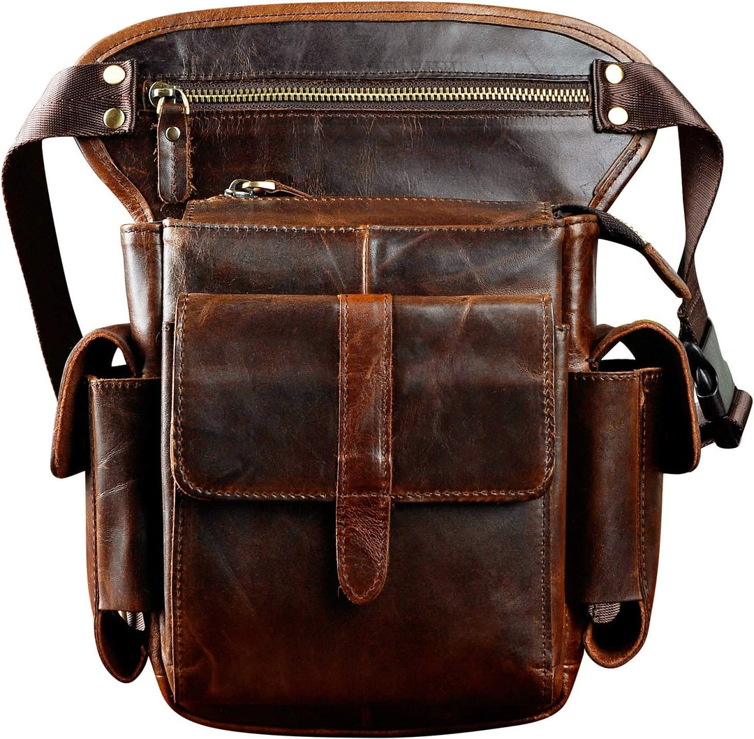 Le'aokuu Herren Echtes Leder Hüfttasche Gürteltasche Bauchtasche Reissverschluss Motorrad Messenger