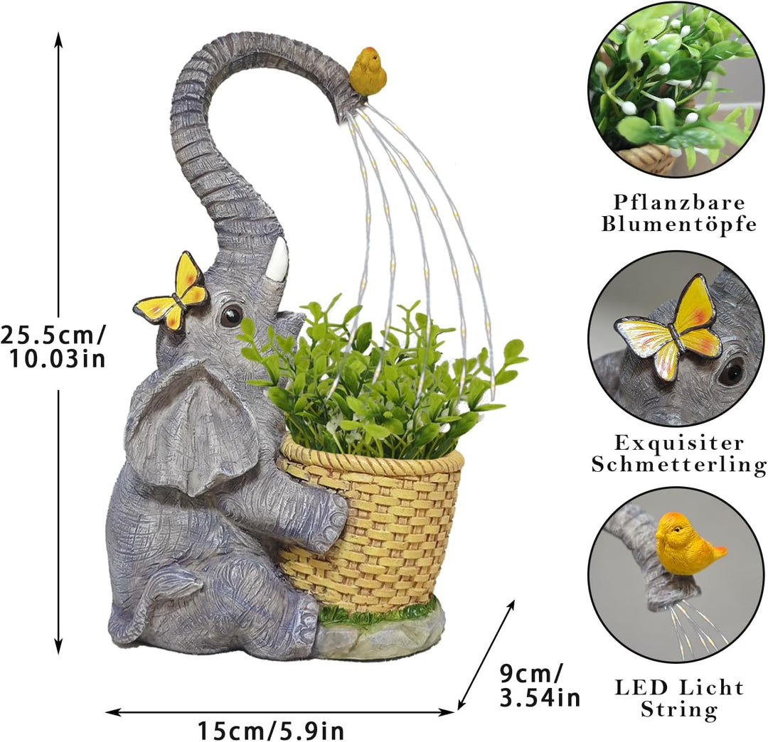 Garten Outdoor Elefanten Statue Deko - Elefant mit Gefälschter Pflanze Gartenfiguren Solar Lichter B