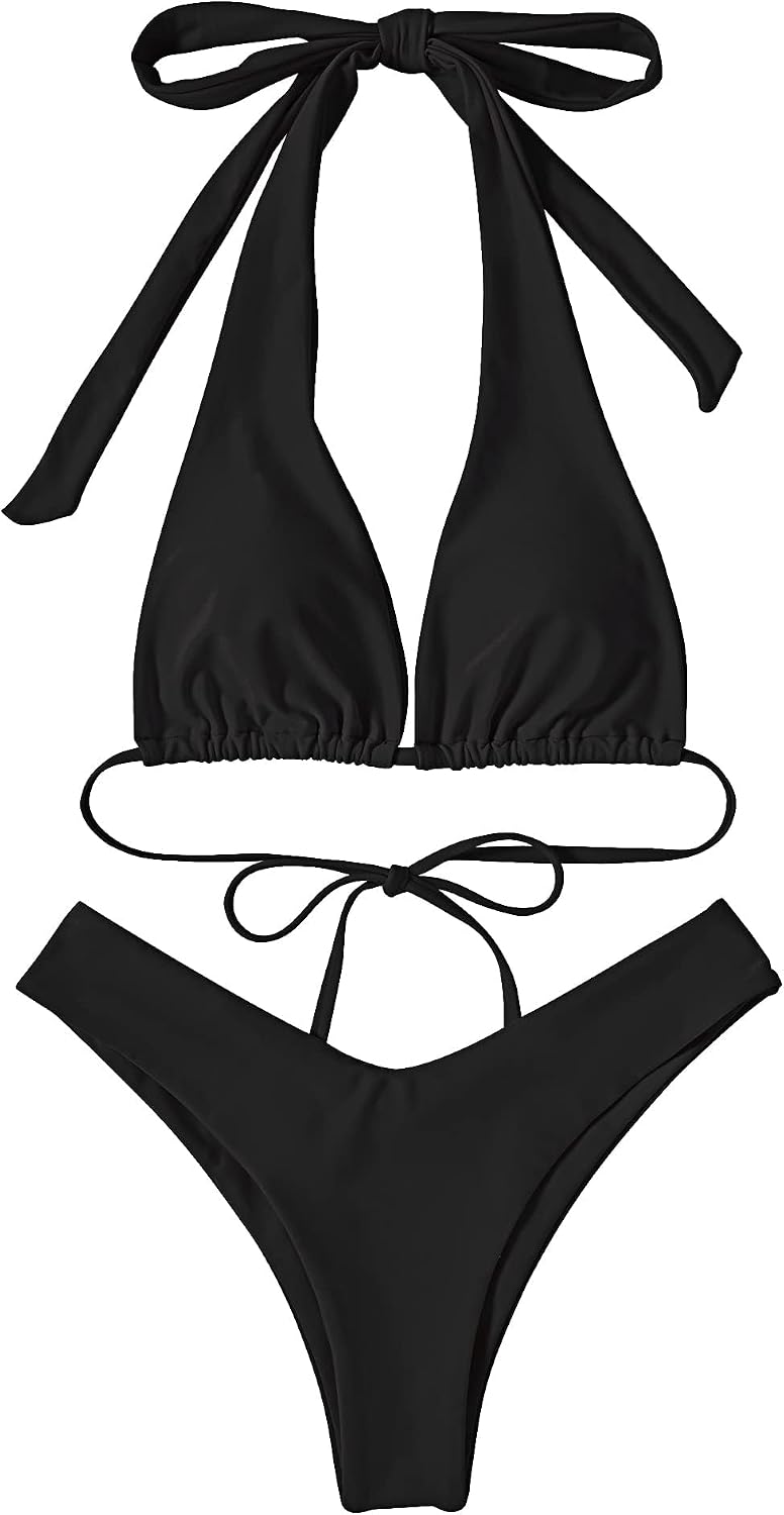 RXRXCOCO Sexy Brazilian Bikini Damen Set Triangel String Oberteil Bikini Set Tanga Bademode S Schwar