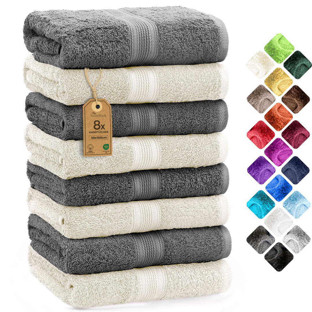 NatureMark 8er Pack Handtücher, 100% Baumwolle, 50 x 100 cm, Handtuch Set Anthrazit/Crème, Anthrazit