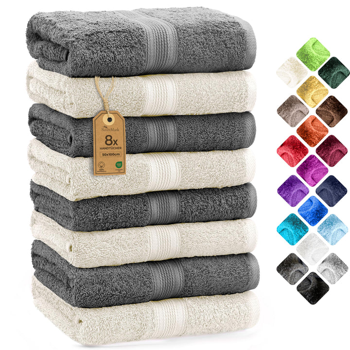 NatureMark 8er Pack Handtücher, 100% Baumwolle, 50 x 100 cm, Handtuch Set Anthrazit/Crème, Anthrazit