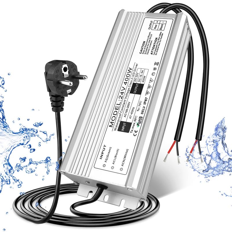 LED Trafo 24V 400W IP67, Outdoor Wasserdicht Transformator mit Stecker, LED Netzteil Treiber 230V au