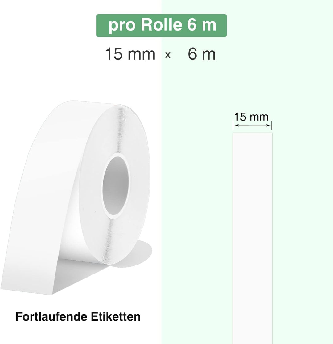SUPVAN Thermo-Etikettenband, E10/16 Etiketten Papier, Endlos-Etikettenband 15 mm x 6 m, wasserfeste