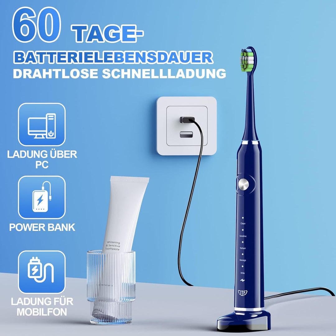 JTF Elektrische Zahnbürste, Schallzahnbürste mit 6 Bürstenköpfen 40000 VPM 5 Modi, Zahnbürste Elektr