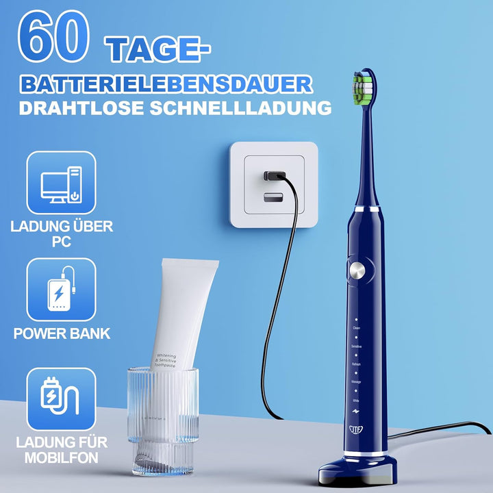 JTF Elektrische Zahnbürste, Schallzahnbürste mit 6 Bürstenköpfen 40000 VPM 5 Modi, Zahnbürste Elektr