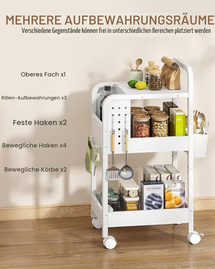 Hzuaneri Rollwagen, Metallwagen, Küchenwagen, 3 Metallgitterablagen, 6 Haken, 2 Hängekörbe, Servierw