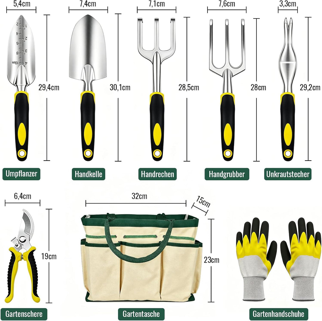 QRD Gartengeräte Set 8 in 1 Gartenwerkzeug mit Aufbewahrungstasche Gartenschaufel mit Gummigriff Gar