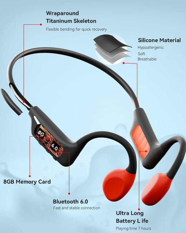 MONODEAL Knochenschall Kopfhörer Schwimmen Bluetooth 6.0 IP68 Unterwasser 32G MP3 Open-Ear Bone Cond