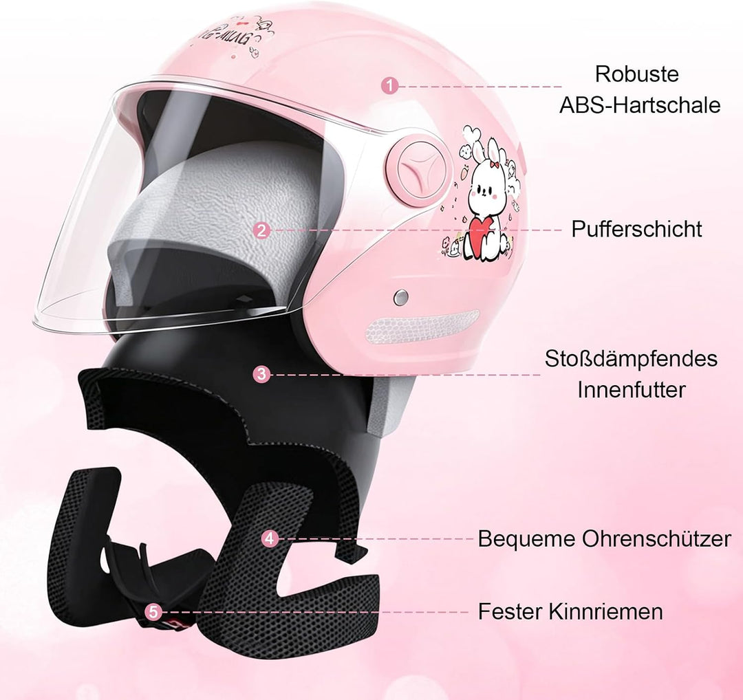 Kinder Motorradhelm, Jungen und Mädchen Rollerhelm, Mofa Helm, jethelm mit Sonnenblende, Fahrradhelm