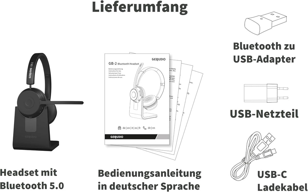 GEQUDIO GB-2 Headset mit Mikrofon Bluetooth | Kopfhörer Kabellos | Passives Noise Cancelling | 2 Ger