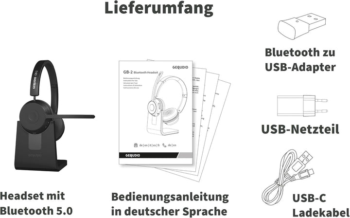 GEQUDIO GB-2 Headset mit Mikrofon Bluetooth | Kopfhörer Kabellos | Passives Noise Cancelling | 2 Ger