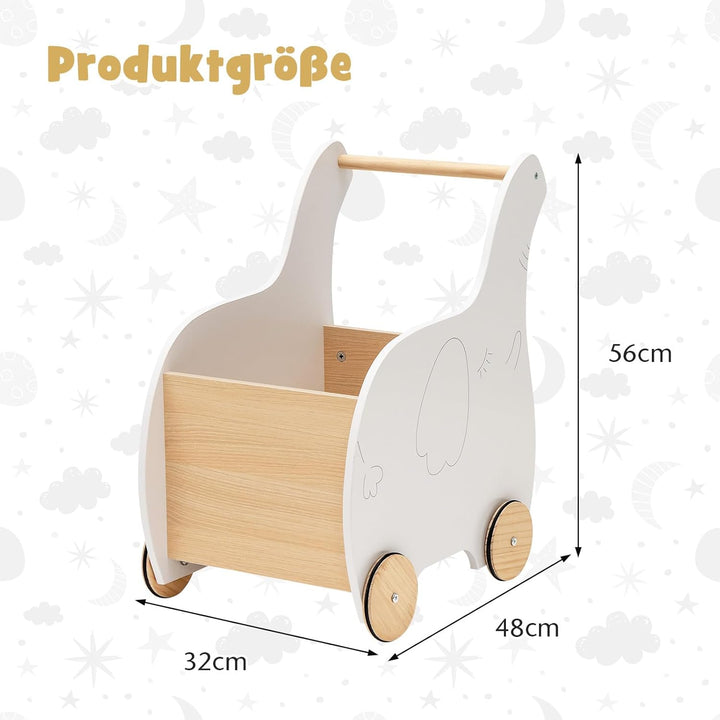 GOPLUS Kinder Lauflernwagen mit Spielzeugkiste, Baby Elefant Lauflernhilfe aus Holz mit rutschfesten