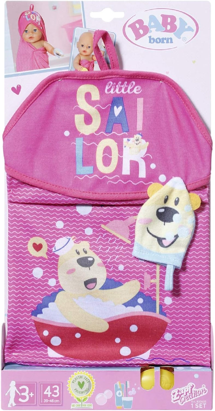 BABY born Bath, Puppenzubehör fürs Bad mit Kapuzenhandtuch, Schwamm und Waschlappen, für 43 cm Puppe