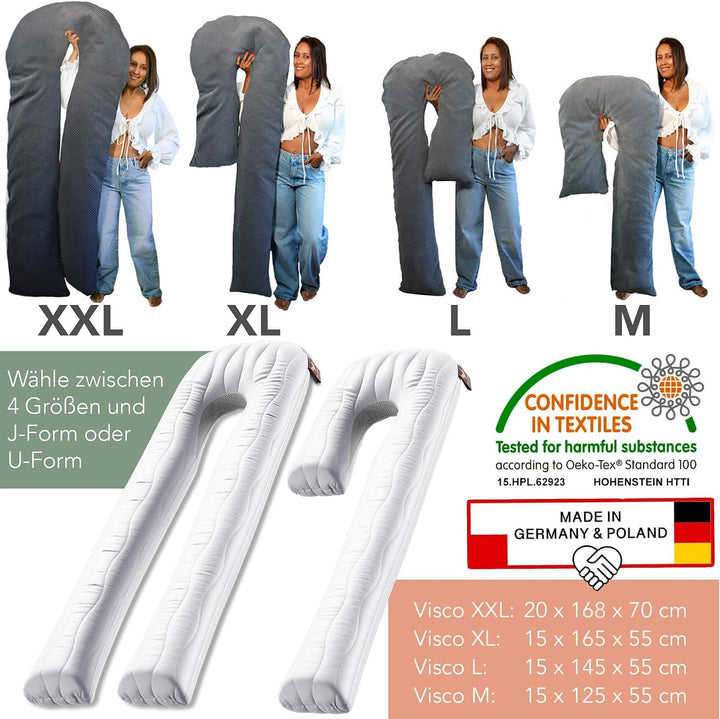 Traumreiter Seitenschläferkissen Visco J XL mit Bezug Grau, Memory Foam &amp; Watte Hybrid Wendekissen.