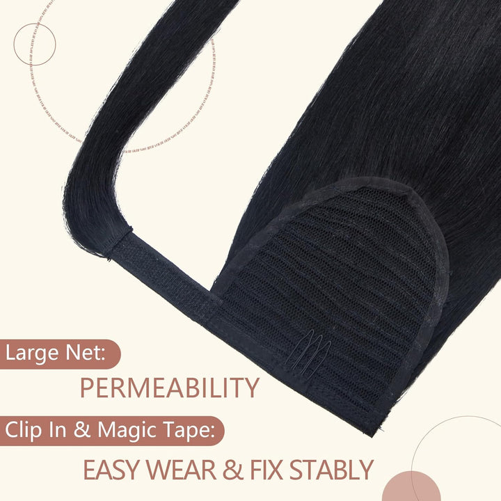 Elailite Ponytail Extension Echthaar #1 Schwarz, Haarverlängerung Zopf Haarzopf Pferdeschwanz Haarte