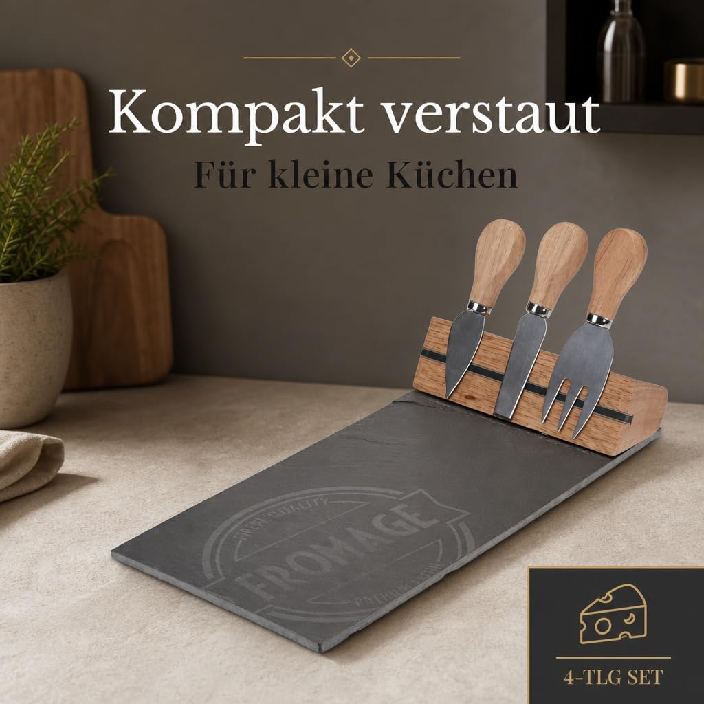 MIJOMA 4-TLG Set Holz-Käsebrett mit Käsemesser und Käsegabel, Käseplatte Käsebrettchen, 26 x 37 cm