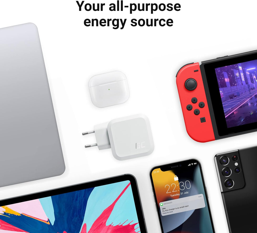 USB C Ladegerät Weisses Green Cell GaN 65W 3 Port 2x USB-C PD 1x USB-A QC 3.0 Handy Schnellladegerät