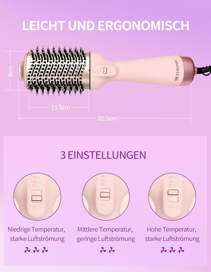 1300W Profi-Warmluftbürste, 4-in-1 Föhnbürste mit Antifrizz-Effekt, Keramik-Titan-Zylinder – Salon-R