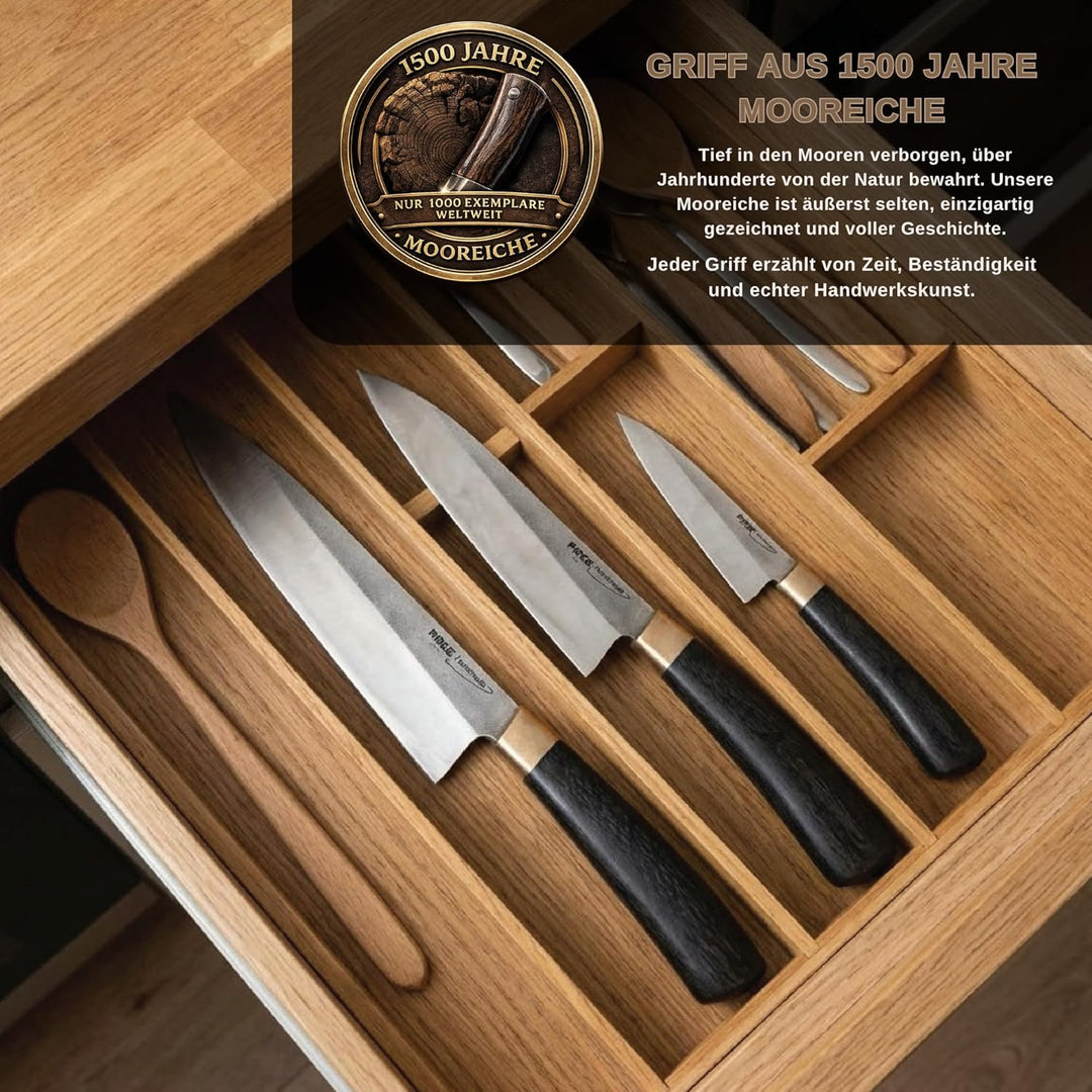 Pirge Handmade X KROP Küchenmesser | 11 cm Gemüsemesser | 60 HRC Edelstahl, 1500 Jahre altem Mooreic