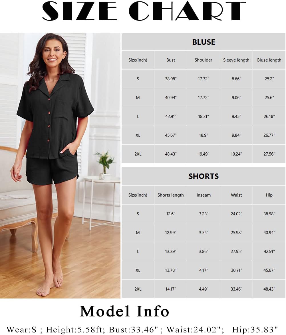 Famulily 100% Baumwolle Damen Schlafanzug Kurz Set V Ausschnitt Kurzarm Bluse mit Knöpfen und Shorts