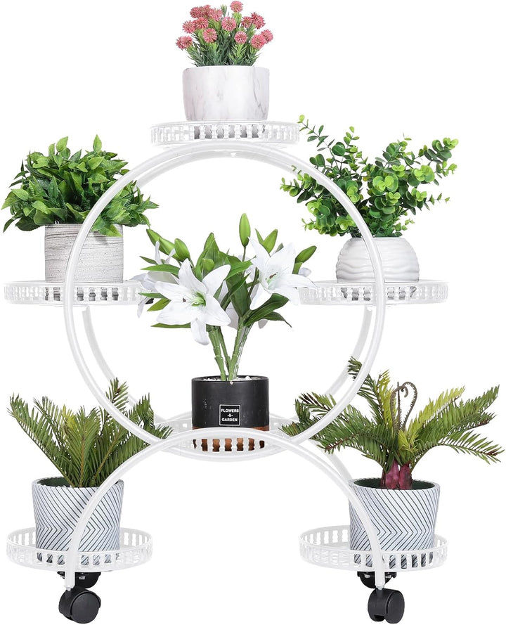 unho Blumentreppe für 6 Blumentöpfe, Blumenregal rollbar, Metall Pflanzenregal Pflanzentreppe für In