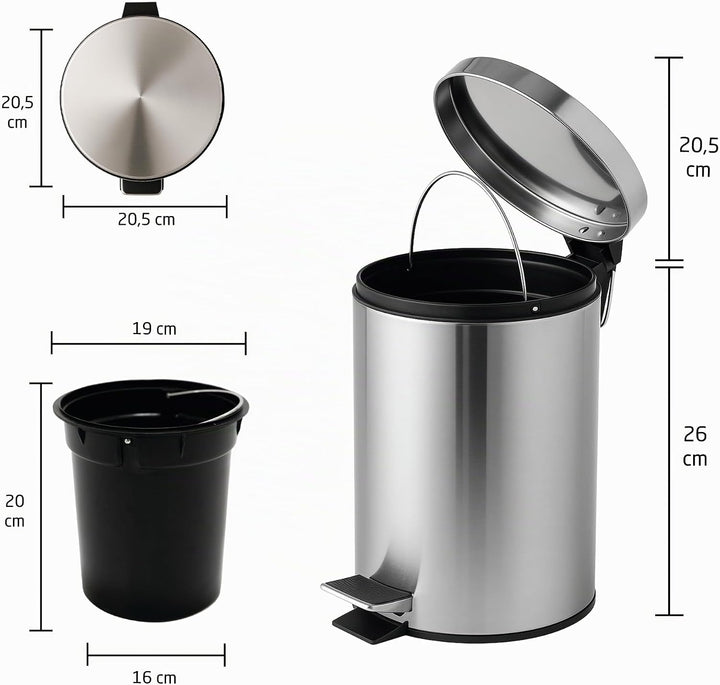 Amig – Kosmetikeimer mit Pedal 3L Linea – Polierter Edelstahl – Hygienische Öffnung – Ø16,8 x 25,5 c