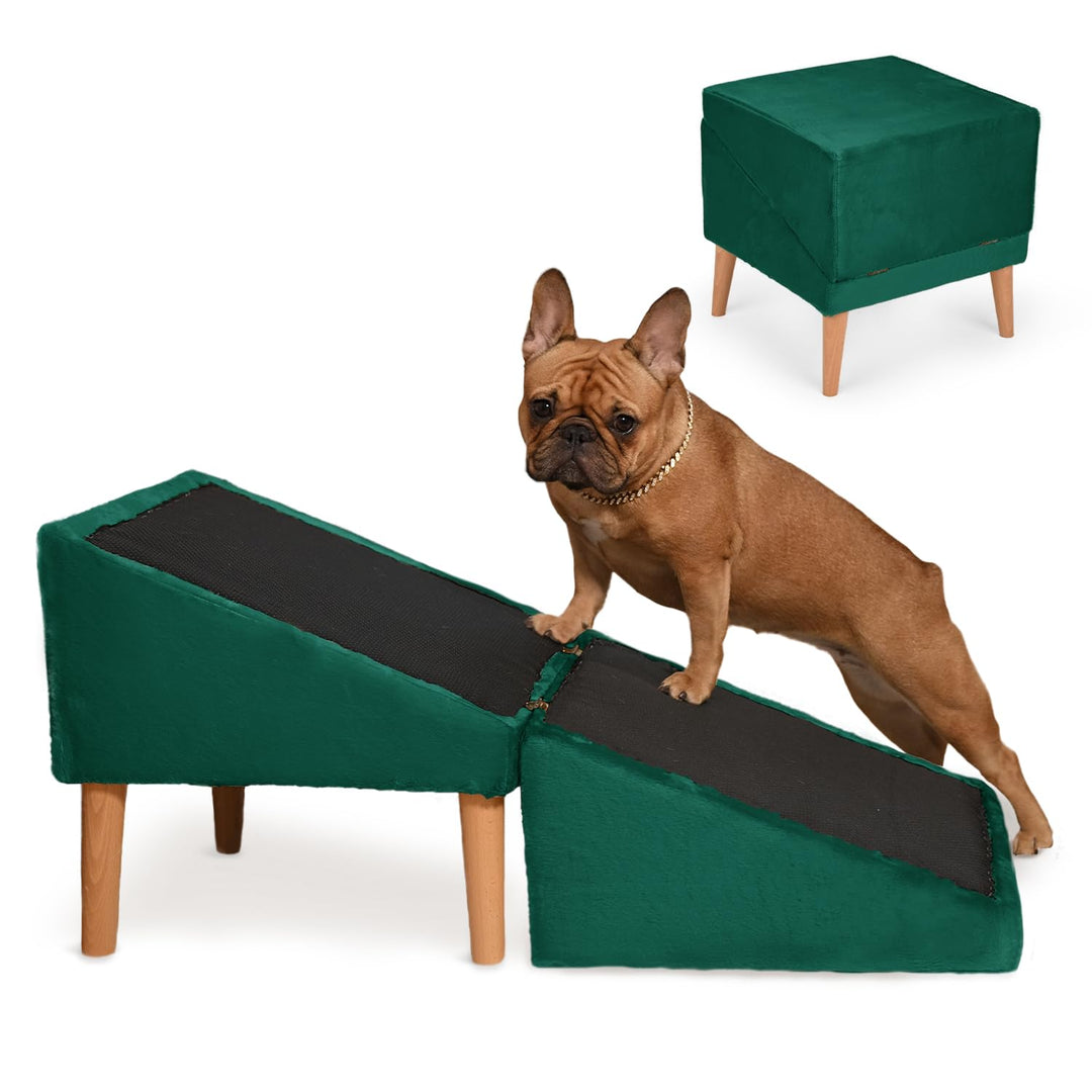 VELORA H&amp;L Hunderampe Dunkelgrün - 2in1 Hundetreppe und Sitzhocker, Klappbare Einstiegshilfe für Sof
