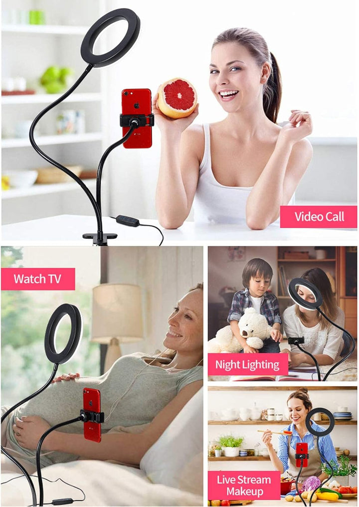 D90DS LED Ringlicht 9cm mit Smartphonehalter - Dimmbare Ringleuchte mit 3 Farbmodi, 10 Helligkeitsst