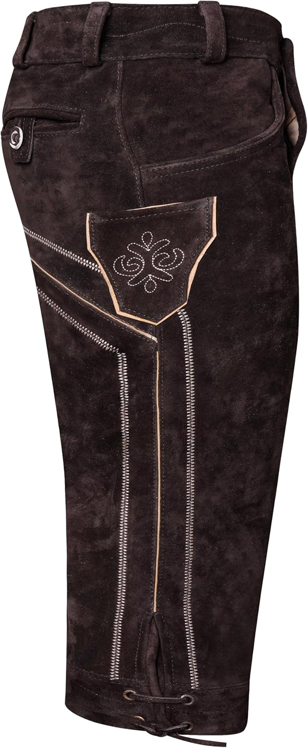 Herren Trachten Lederhose Kniebund mit Träger Rindvelourleder Dunkelbraun - Trachtenlederhose Herren