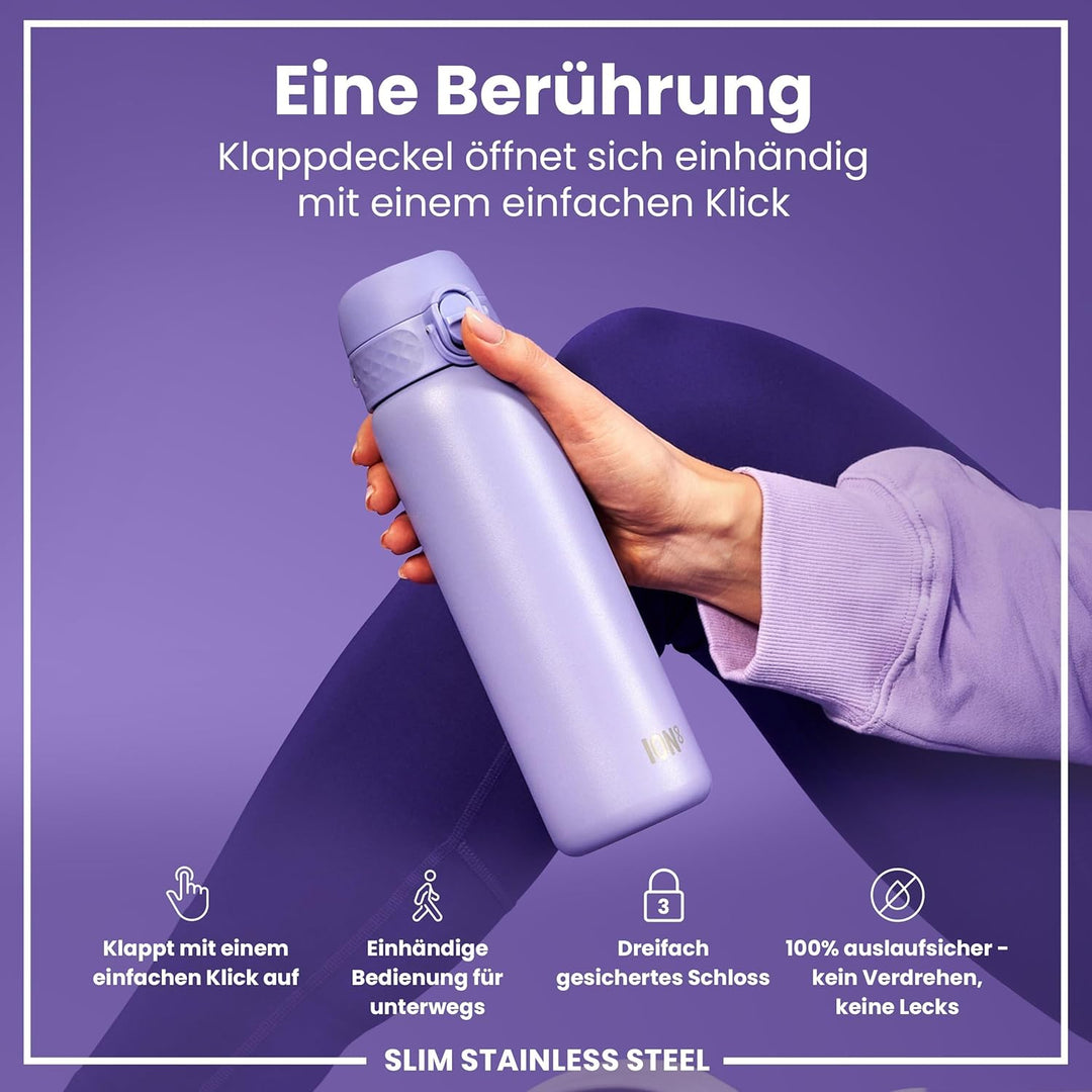ION8 Leicht Stahl-Trinkflasche, 600 ml, Nicht IsoliertAuslaufsicher, Einhandöffnung, Sichere Verrieg