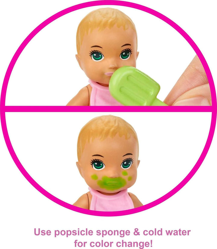 Barbie GHV84 - Skipper Babysitters Inc. Badezeit Spielset, Baby Puppe mit Farbwechselfunktion, Badew