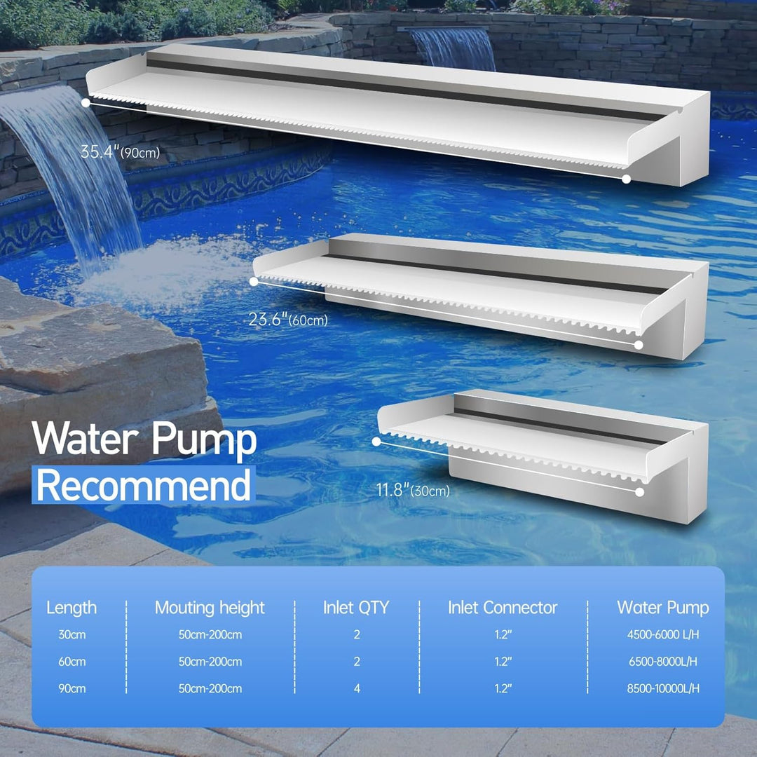 Pool Brunnen Edelstahl Teich Wasserfall Spillway Kits für Innen-/Aussendekorativ, 60x20x10cm Pool Wa
