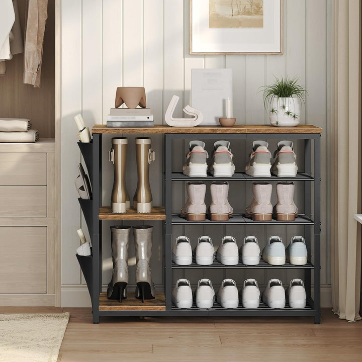 Schuhregal schmal und hoch, Schuhregal 5 Ebenen im Industriestil mit Seitentaschen, Holzoptik-Ablage