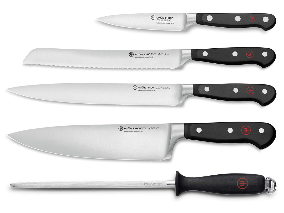 WÜSTHOF Classic Messergarnitur mit 5 Artikeln, Schwarz,silber 4 Kochmesser, Wetzstahl, 4 Kochmesser,