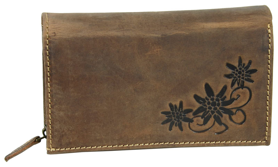 WILD THINGS ONLY !!! Grosse Damen Geldbörse aus Antik-Leder mit vielen Fächern - Motiv-Prägung - Far