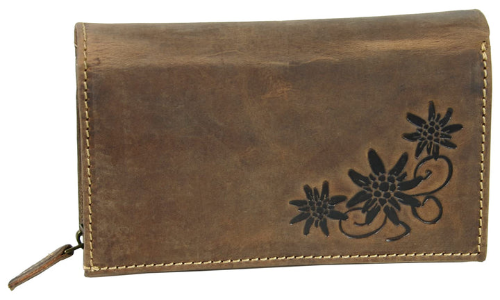 WILD THINGS ONLY !!! Grosse Damen Geldbörse aus Antik-Leder mit vielen Fächern - Motiv-Prägung - Far
