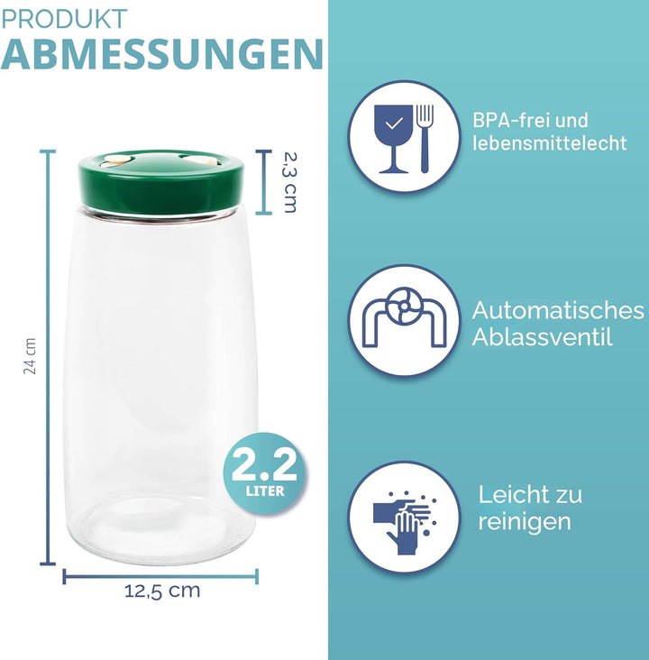 HEFTMAN Gärglas mit Entlüftungsventil mit 1-Wege-Entlüftung - 2.2L 2er-Pack Lebensmittelecht Ferment