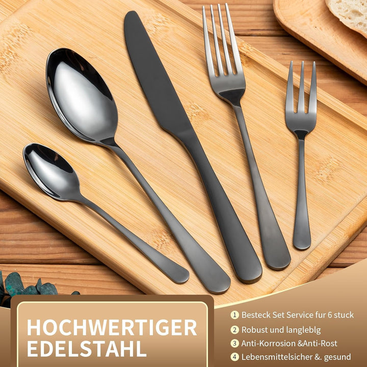 Besteck Set, Edelstahl Spiegelpoliert 30 teilig Besteckset für 6 Personen, Essbesteck Set mit Messer