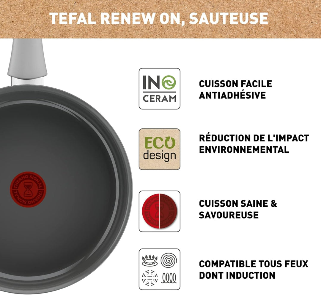 Tefal Renew On Schmorpfanne 24 cm, Antihaftbeschichtung, Keramik, Induktion, Thermo-Signal-Kochanzei