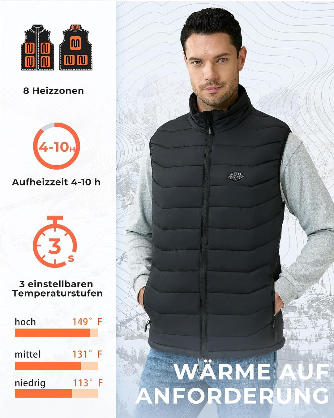 Topdot Beheizbare Weste, Heizweste Herren mit Powerbank 7.4V 16000mAh, 8 Heizzonen, Elektrische Heiz