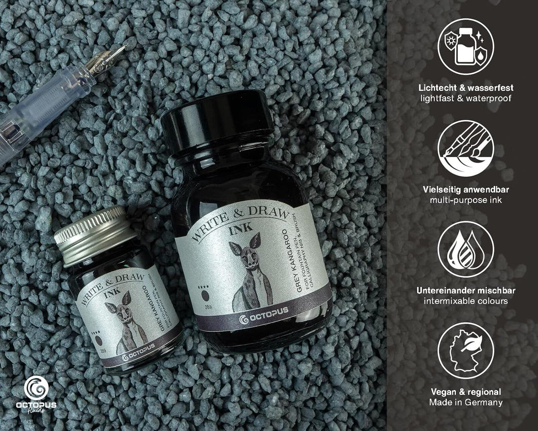 Octopus Write and Draw Ink 289 Grey Kangaroo, wasserfeste Tinte zum Schreiben und Zeichnen, Kalligra