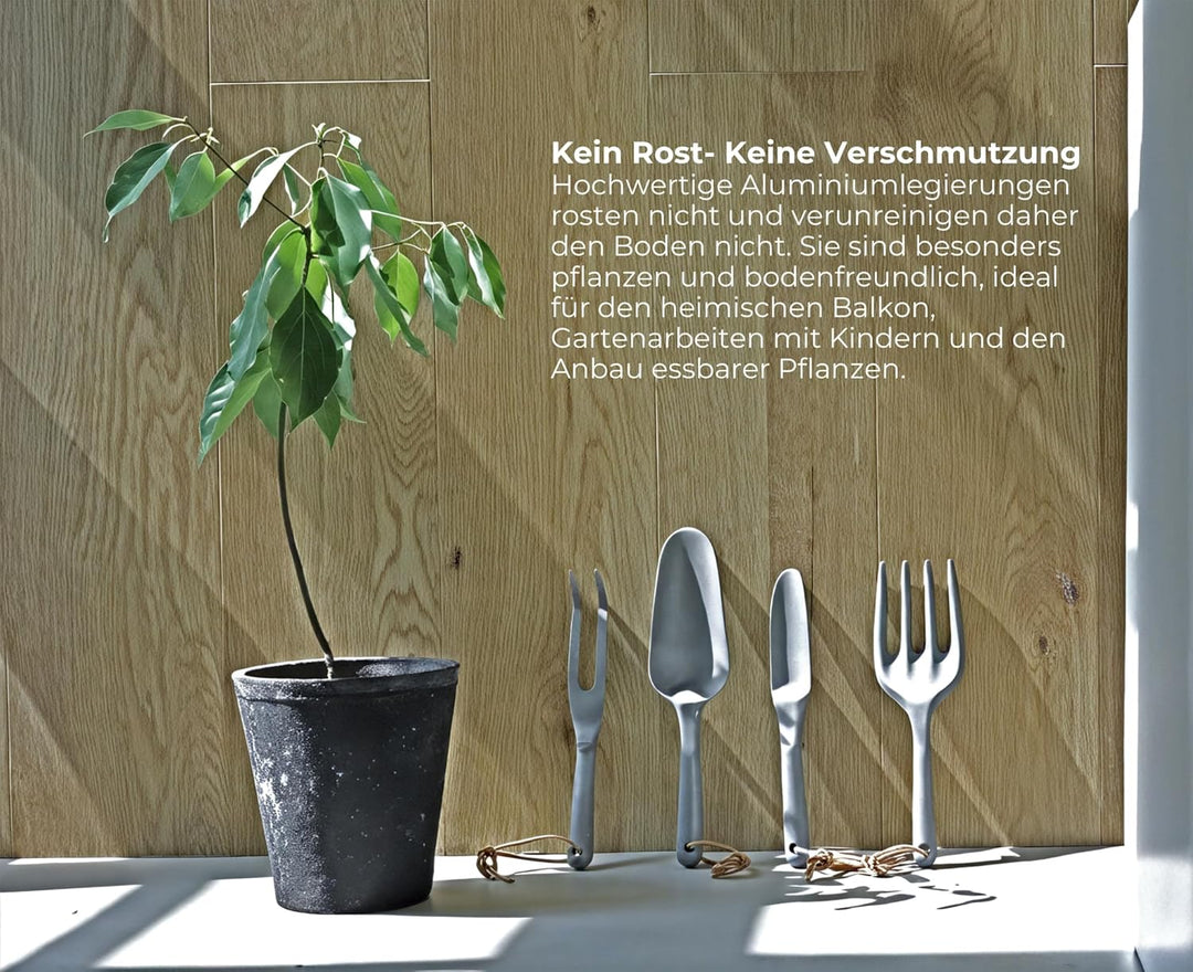 Gartenwerkzeug Set Aluminium, 4-teilig – rostfrei, robust & leichtes Gartengeräte Set & Pflanzwerkze
