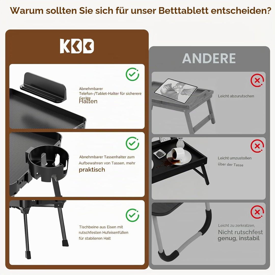 KDD Betttablett Tisch mit Klappbaren Beinen, Frühstückstablett fürs Bett mit Abnehmbarem Getränkehal